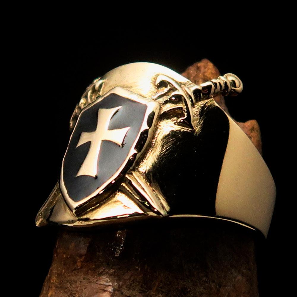 Crossed Swords Men's Knights Templar black Cross Ring made of solid brass with a high polished finish and black enamel detailing.